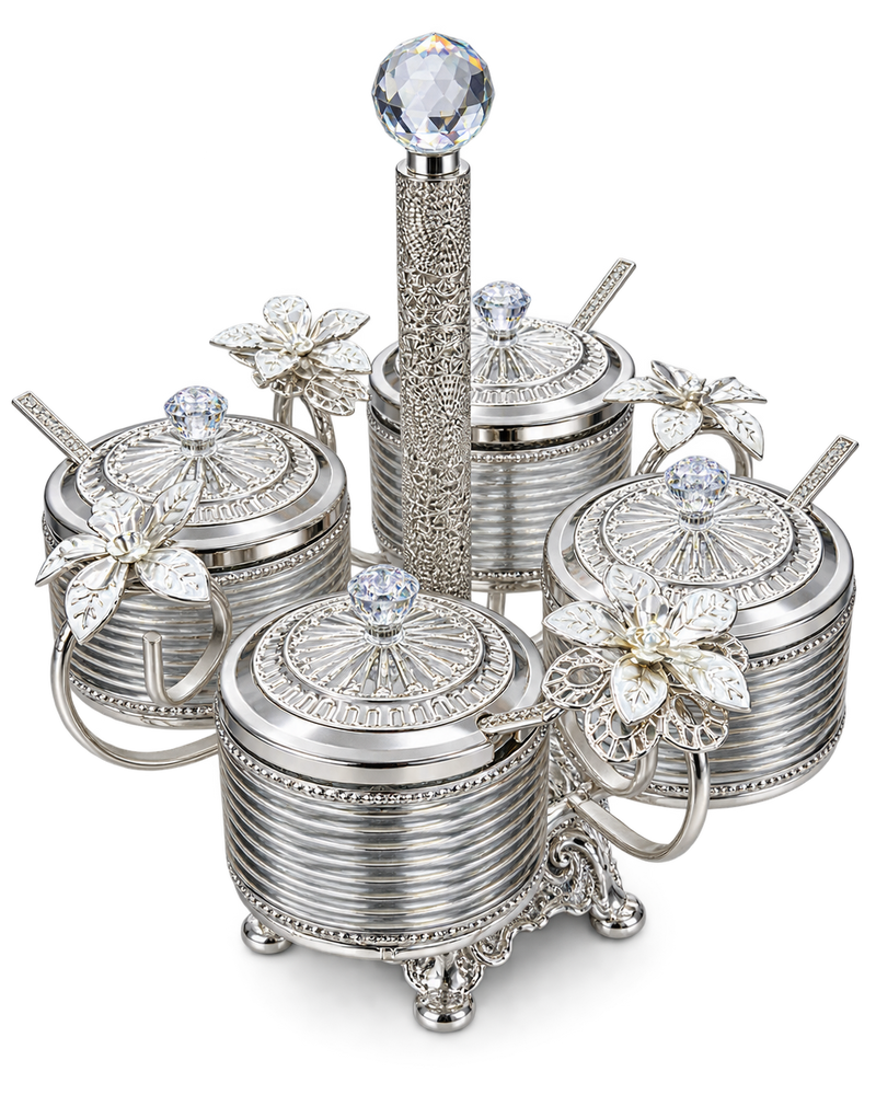Gewürzgläser Set 4-teilig mit Ständer und Löffeln in Silber – freigestellt