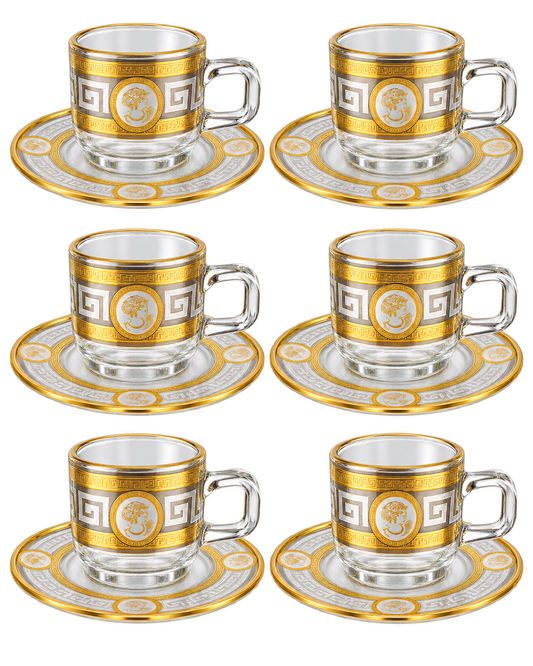 Kaffeetassen Set 12-teilig aus Glasoptik mit Golddekor, 6 Tassen und Untertassen