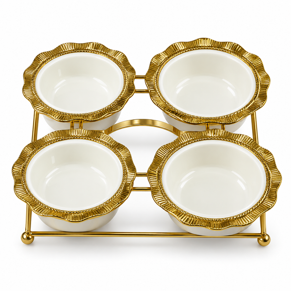 Servierschalen-Set mit 4 offenen Schalen in Weiß und Gold auf goldfarbenem Ständer