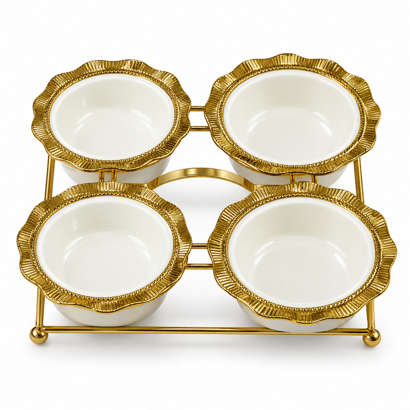 Servierschalen-Set mit 4 offenen Schalen in Weiß und Gold auf goldfarbenem Ständer