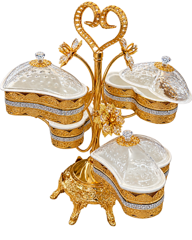 Servierschalen Set Herzform in Gold mit dekorativem Ständer und Deckeln – freigestellt