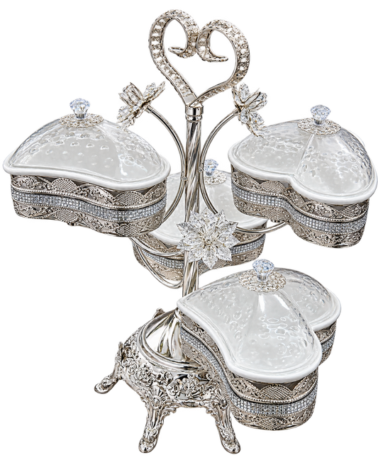 Servierschalen Set Herzform in Silber mit dekorativem Ständer – freigestellt