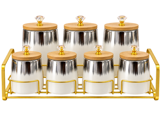 Vorratsdosen Set 7-teilig Weiß Silber mit goldfarbenem Ständer – freigestellt