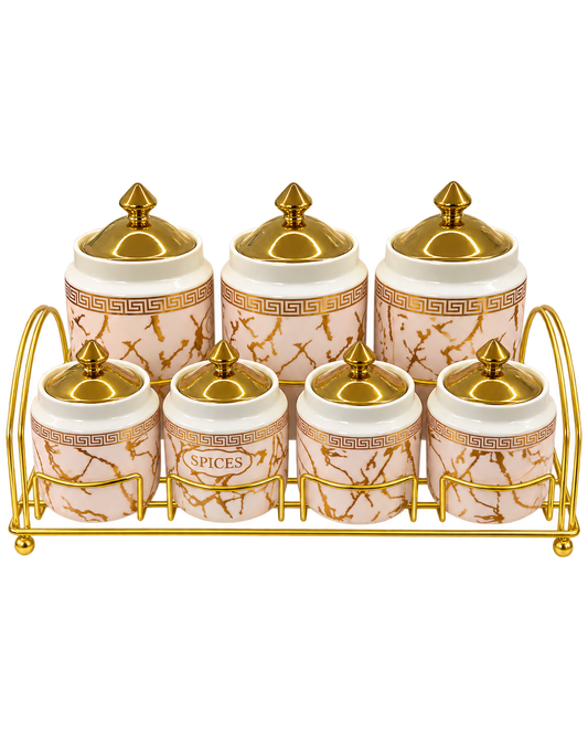 Vorratsdosen Set 7-teilig in Marmor Gold mit Ständer
