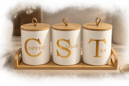 Vorratsdosen Set Kaffee Tee Zucker – 3-teilig mit Tablett