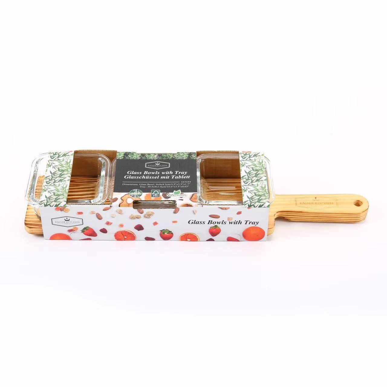 3-Teiliges Glasschalen-Set mit Bambustablett