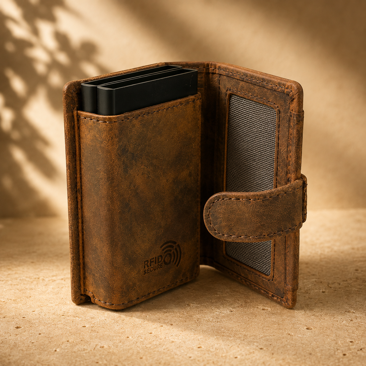 Doppel-Kartenetui aus Leder mit RFID-Schutz & Pop-Up Funktion - Vintage Braun in Braun