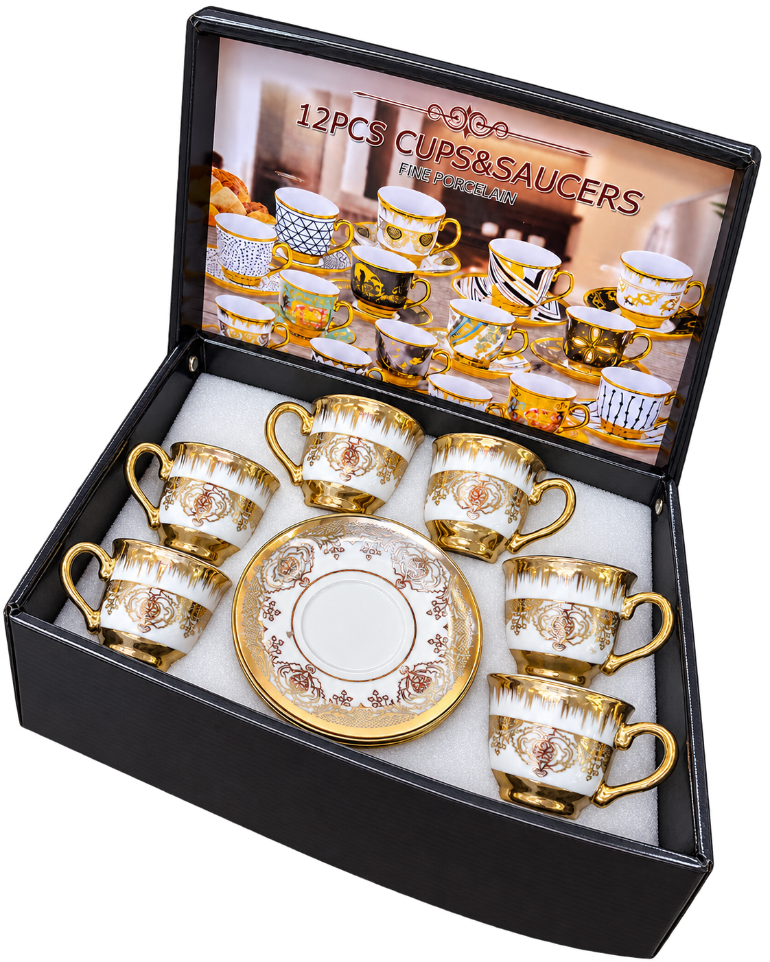 Espressotassen Set 12-teilig Barock Ornament mit Golddekor – freigestellt