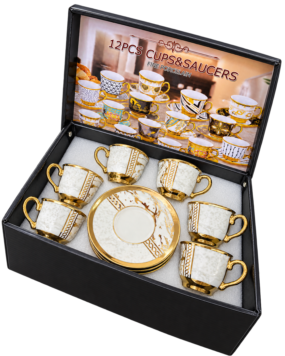 Espressotassen Set 12-teilig Creme Ornament mit Golddekor – freigestellt