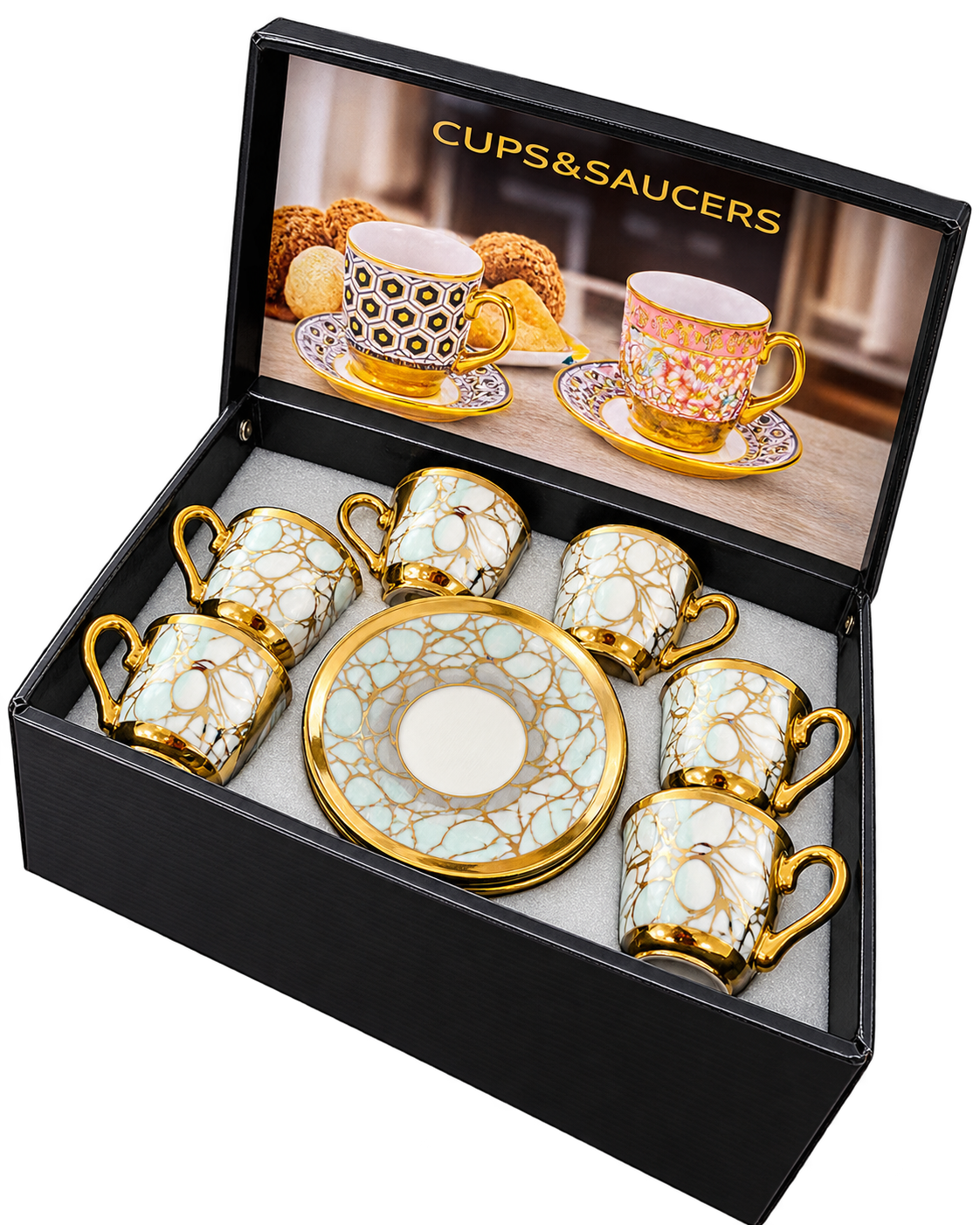 Espressotassen Set 12-teilig Marmor Mint mit Golddekor – freigestellt