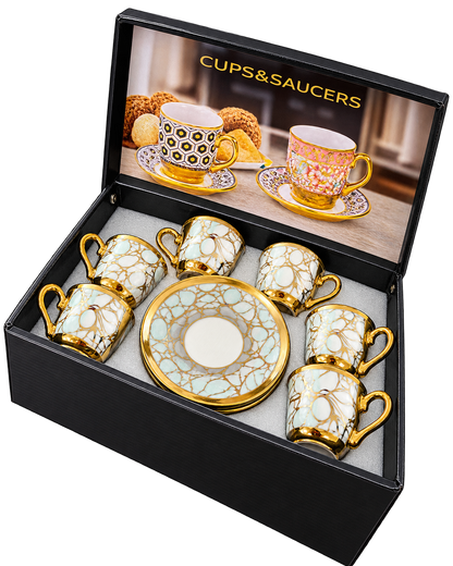 Espressotassen Set 12-teilig Marmor Mint mit Golddekor – freigestellt