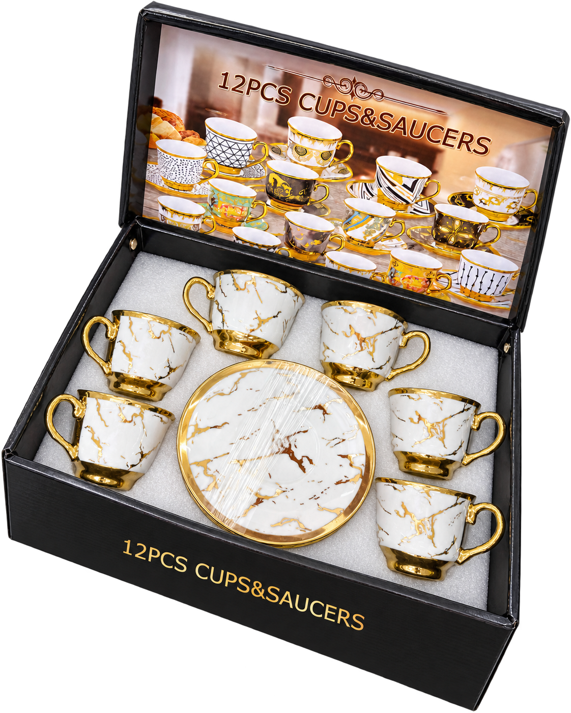 Espressotassen Set 12-teilig Marmor Weiß mit Golddekor – freigestellt