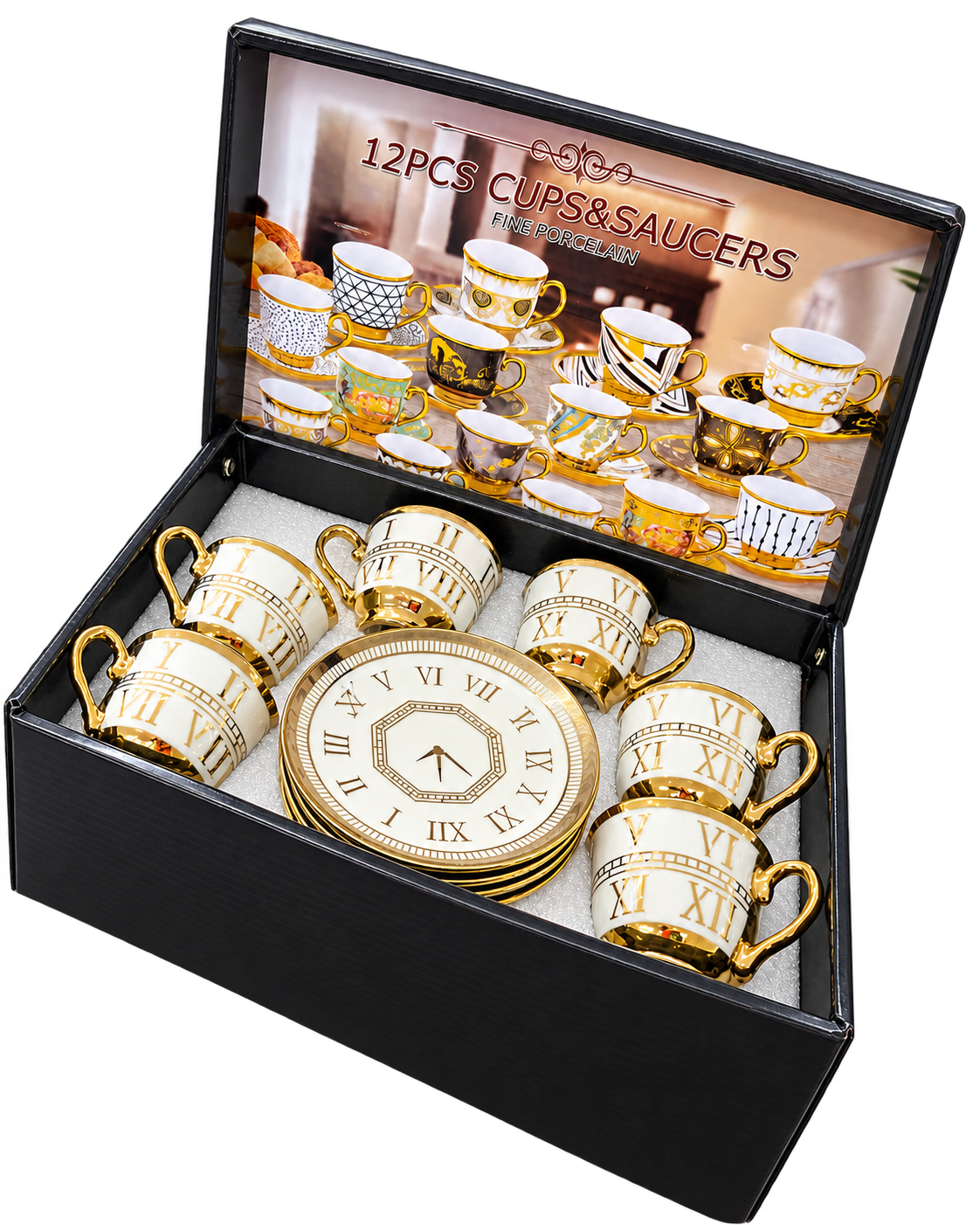 Espressotassen Set 12-teilig Römische Zahlen mit Golddekor – freigestellt