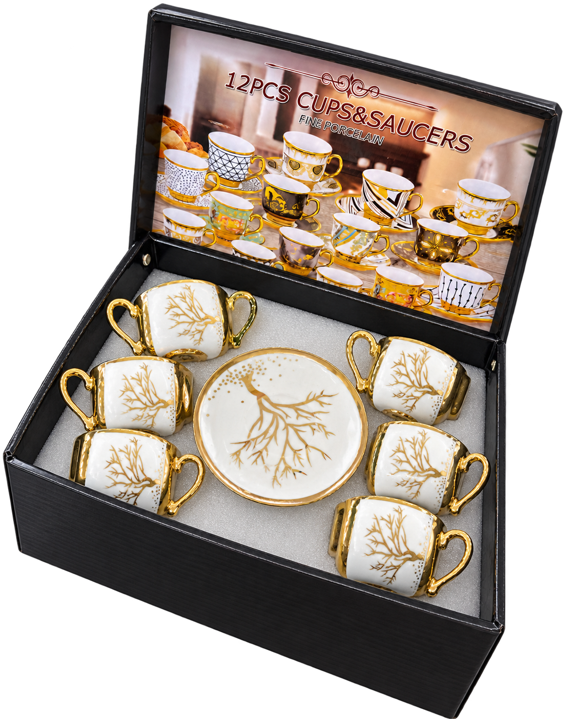 Espressotassen Set 12-teilig Zweigmotiv mit Golddekor – freigestellt