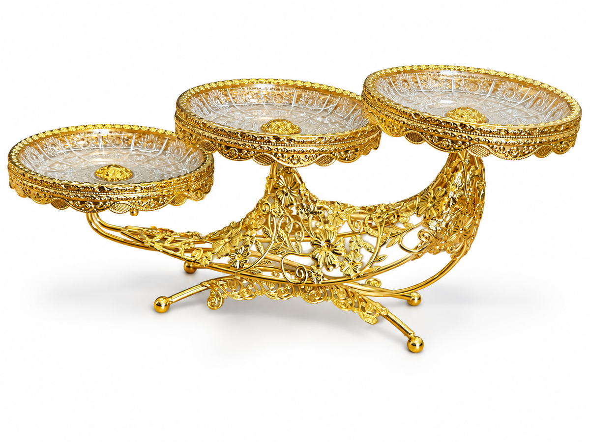 Etagere 3-stöckig in Gold mit drei transparenten Servierschalen