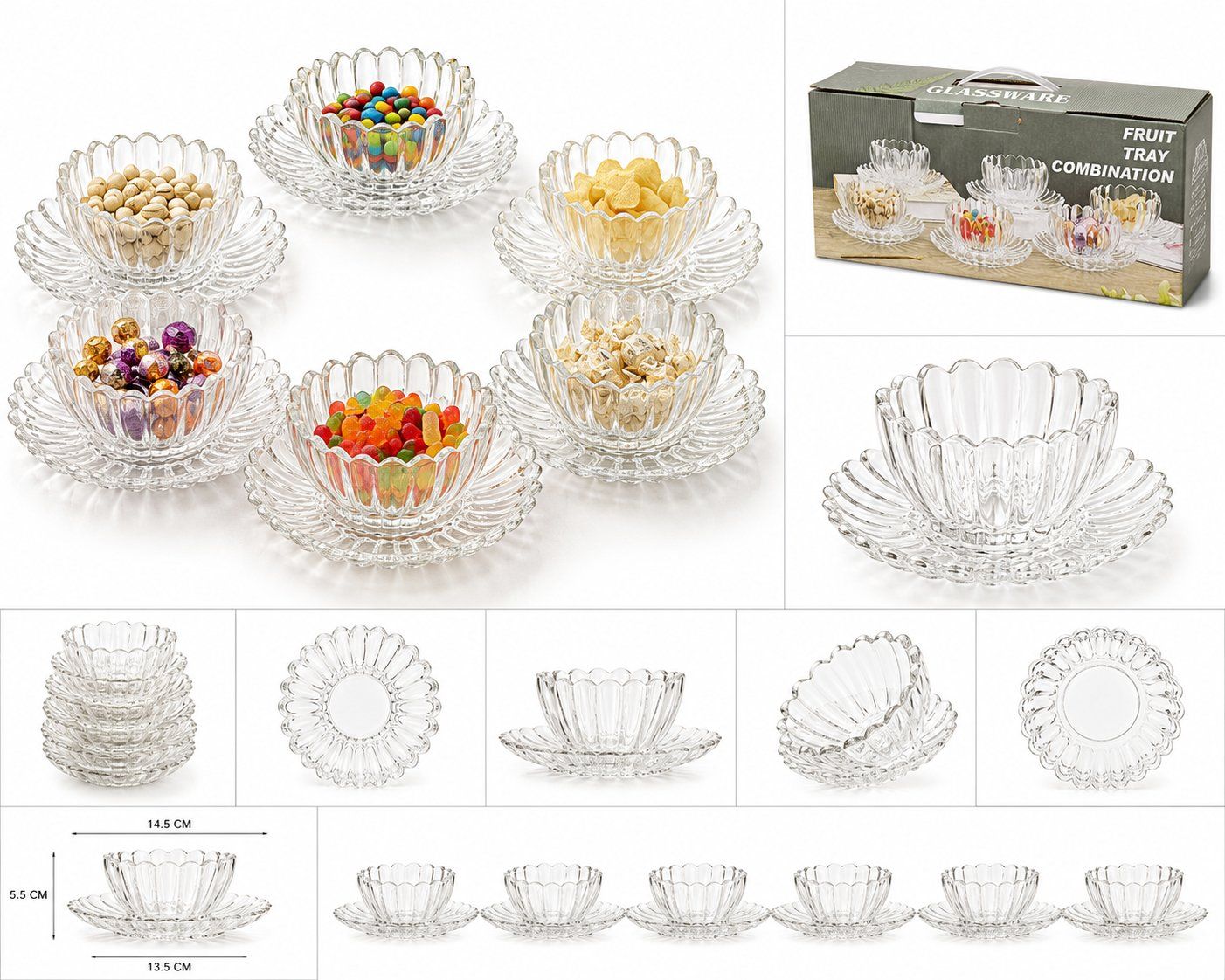 Dessertgläser mit Unterteller, 12-teiliges Glasschalen-Set – Klar