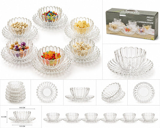 Dessertgläser mit Unterteller, 12-teiliges Glasschalen-Set – Klar