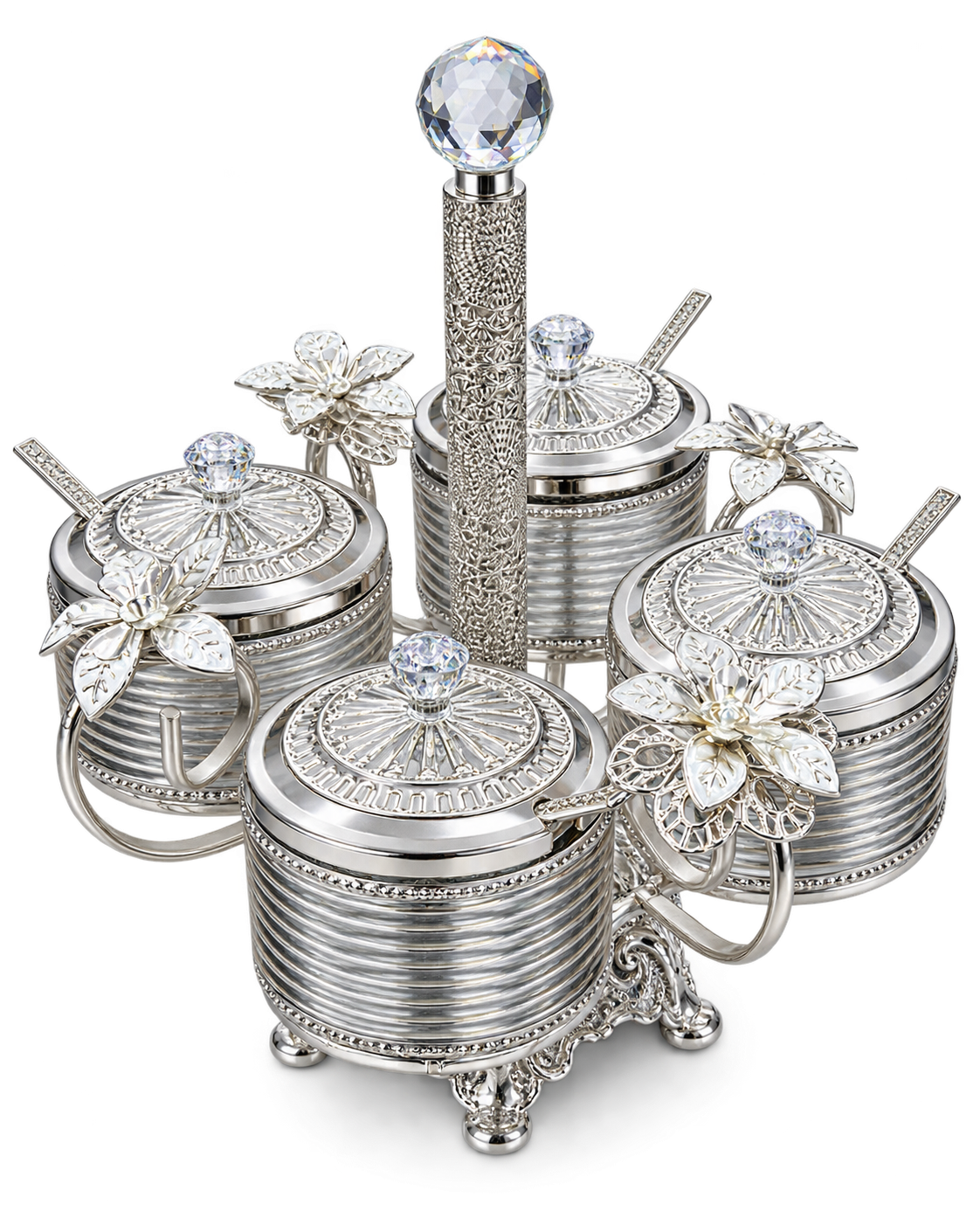 Gewürzgläser Set 4-teilig mit Ständer und Löffeln in Silber – freigestellt