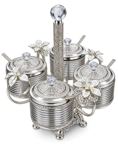 Gewürzgläser Set 4-teilig mit Ständer und Löffeln in Silber – freigestellt