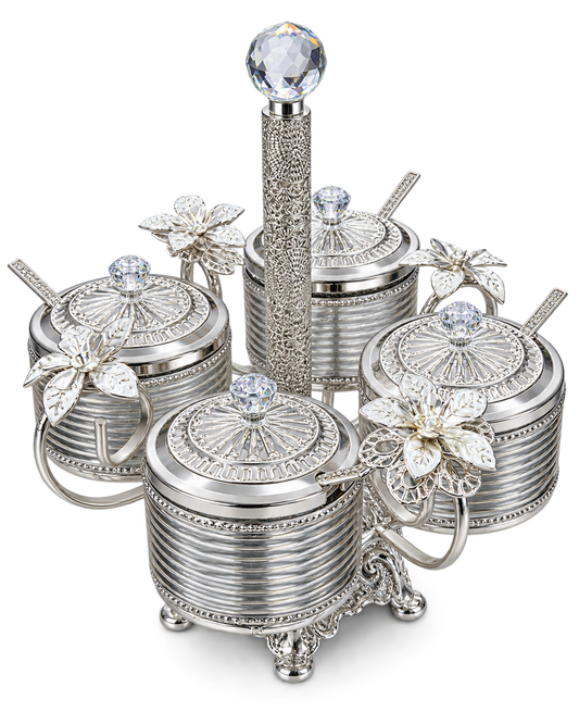 Gewürzgläser Set 4-teilig mit Ständer und Löffeln in Silber – freigestellt