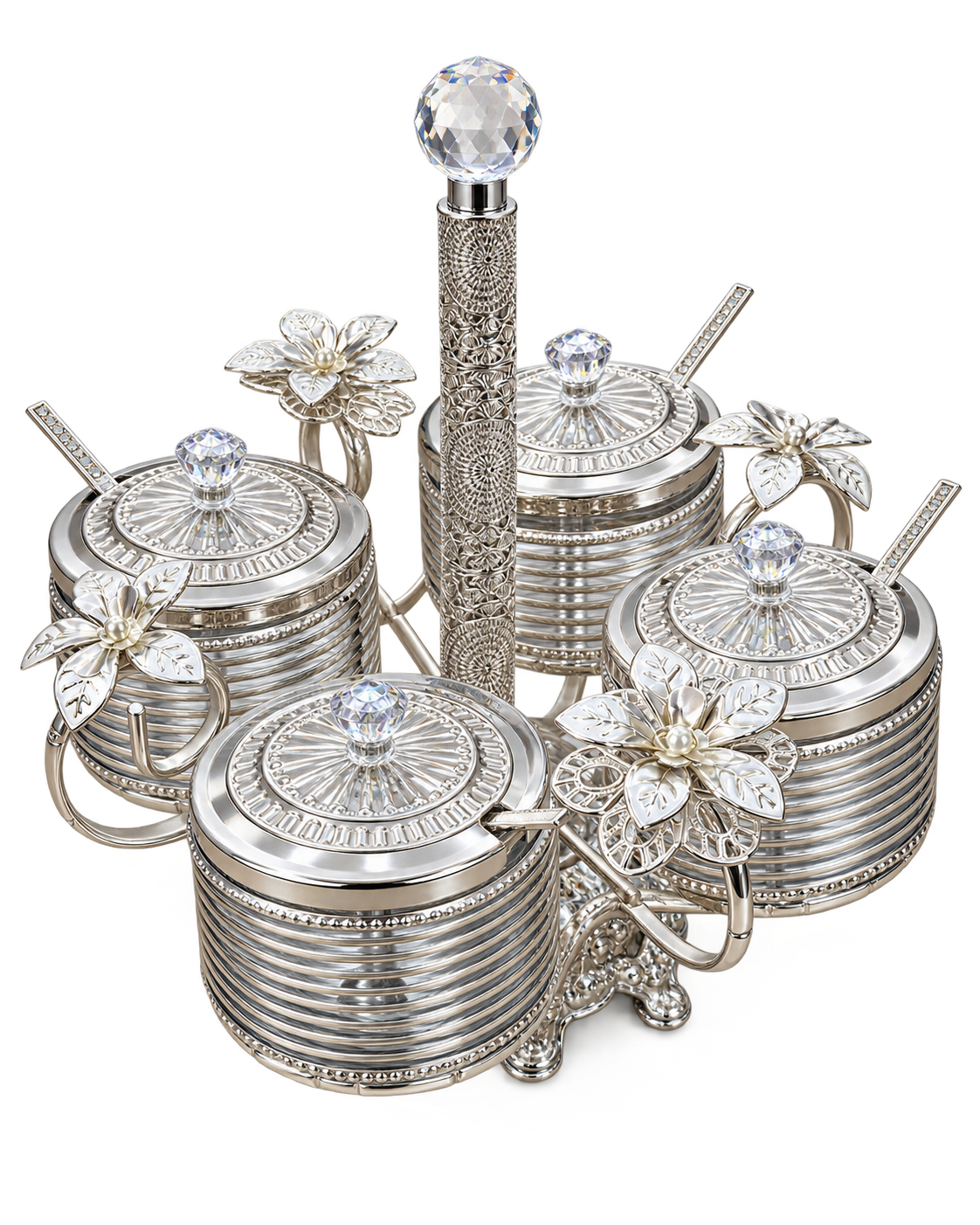 Dekoratives Gewürzgläser Set Silber mit vier Gläsern und kristallartigem Griff