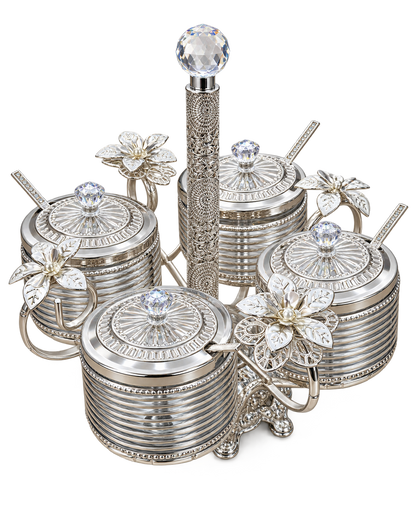 Dekoratives Gewürzgläser Set Silber mit vier Gläsern und kristallartigem Griff