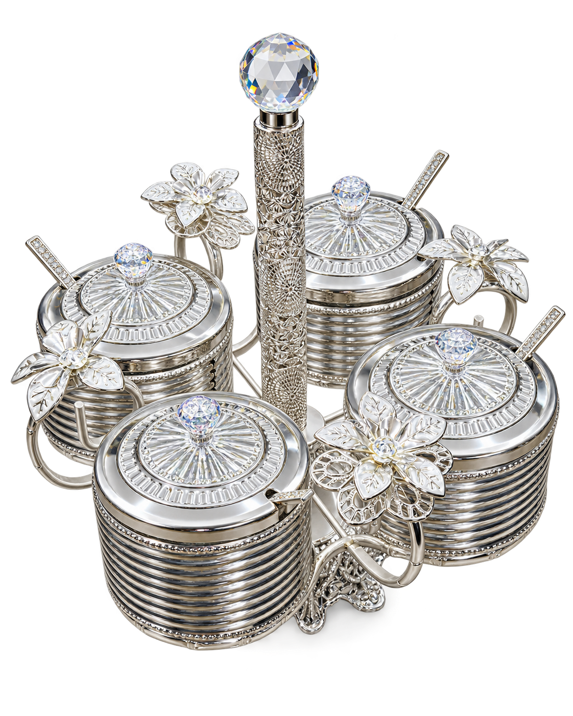 Gewürzgläser Set 4-teilig Silber mit dekorativen Deckeln und Blumenornamenten