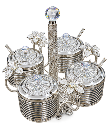 Gewürzgläser Set 4-teilig Silber mit dekorativen Deckeln und Blumenornamenten