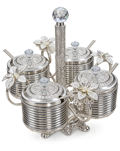 Gewürzgläser Set Silber mit geöffnetem Behälter, Löffel und dekorativem Ständer