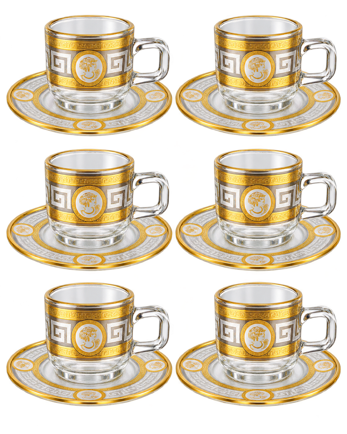 Kaffeetassen Set 12-teilig aus Glasoptik mit Golddekor, 6 Tassen und Untertassen