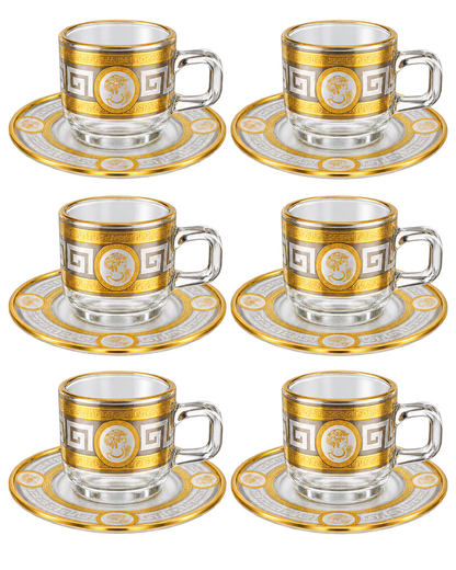 Kaffeetassen Set 12-teilig aus Glasoptik mit Golddekor, 6 Tassen und Untertassen