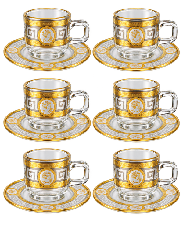 Kaffeetassen Set 12-teilig aus Glasoptik mit Golddekor, 6 Tassen und Untertassen - alternate view