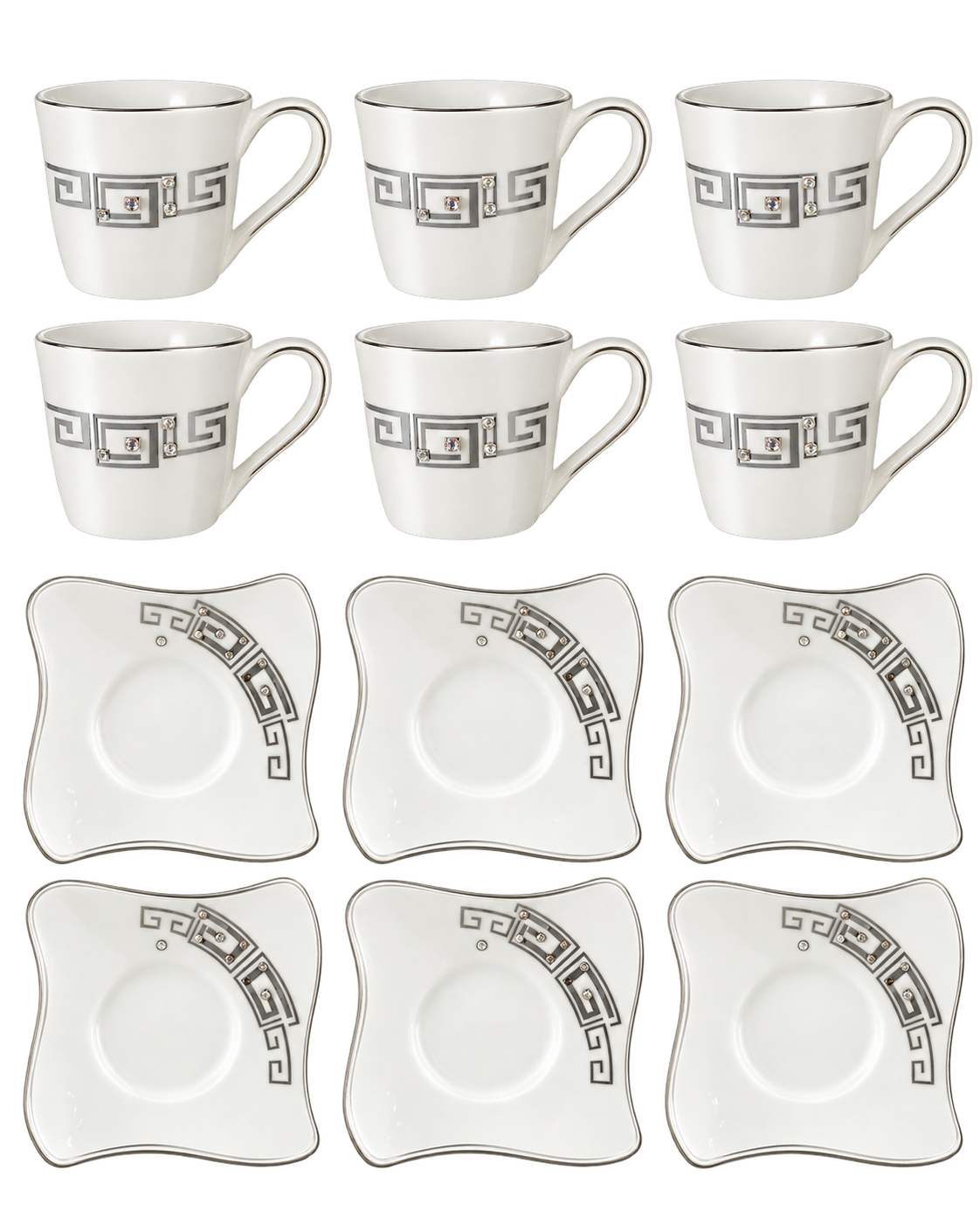 Kaffeetassen Set 12-teilig in Weiß Silber mit 6 Tassen und Untertassen