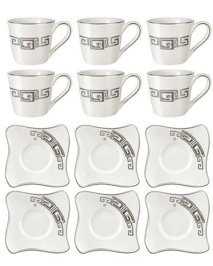 Kaffeetassen Set 12-teilig in Weiß Silber mit 6 Tassen und Untertassen