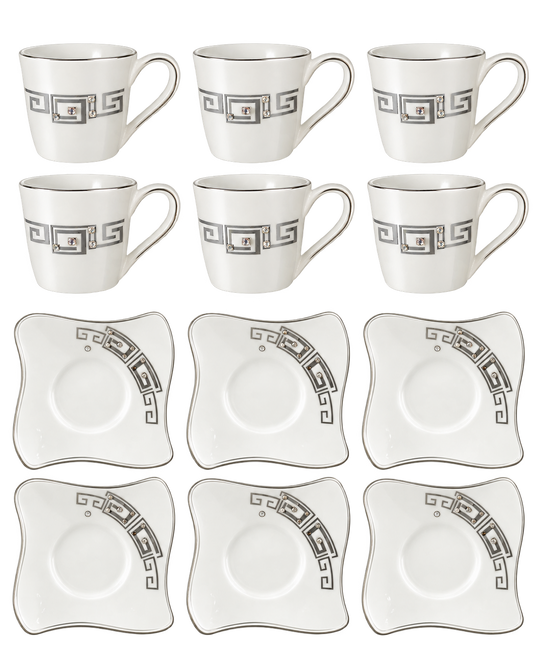 Kaffeetassen Set 12-teilig in Weiß Silber mit 6 Tassen und Untertassen