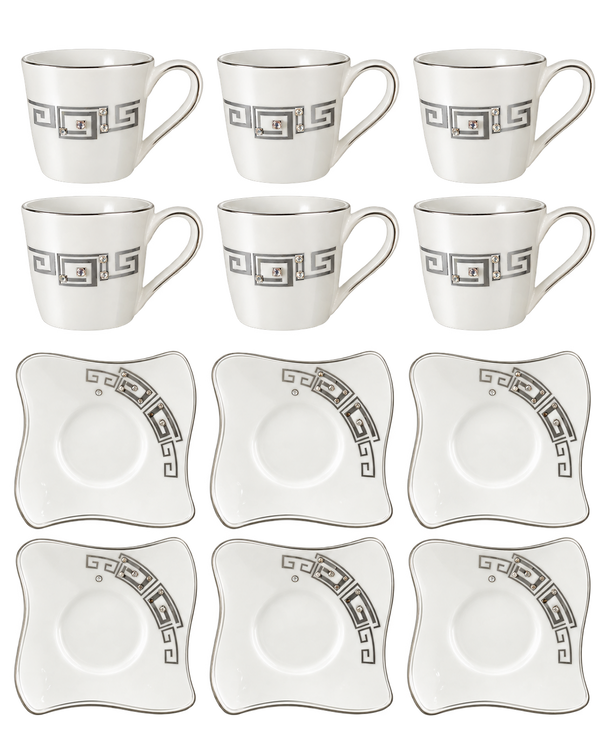 Kaffeetassen Set 12-teilig in Weiß Silber mit 6 Tassen und Untertassen