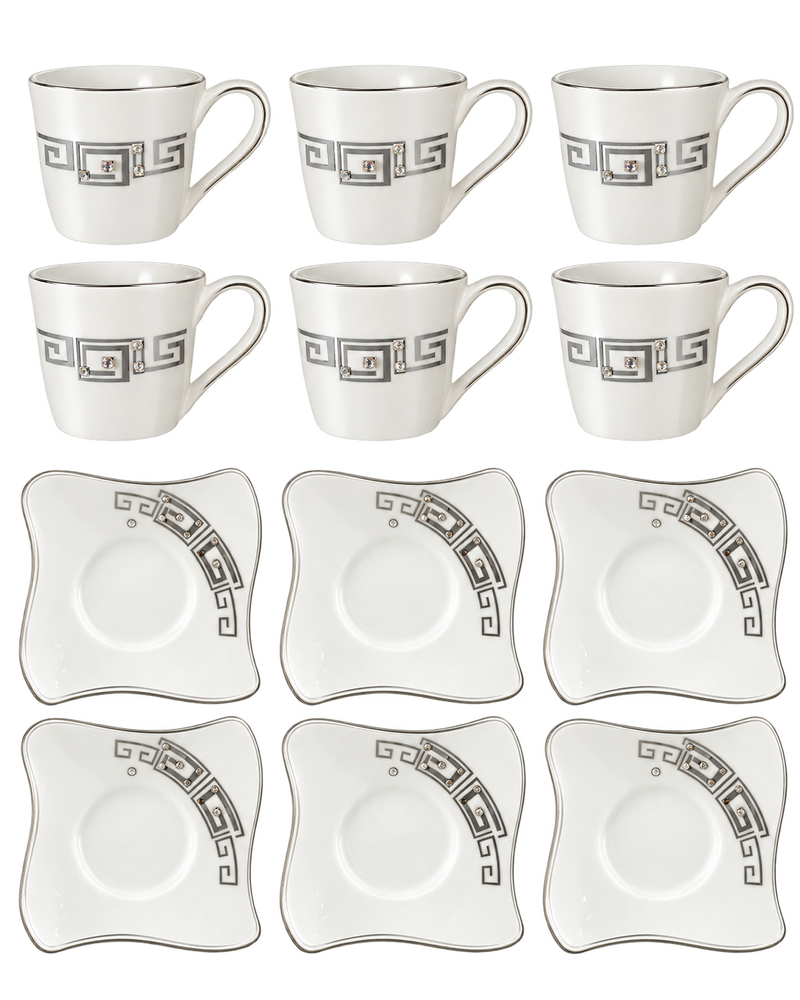 Kaffeetassen Set 12-teilig in Weiß Silber mit 6 Tassen und Untertassen