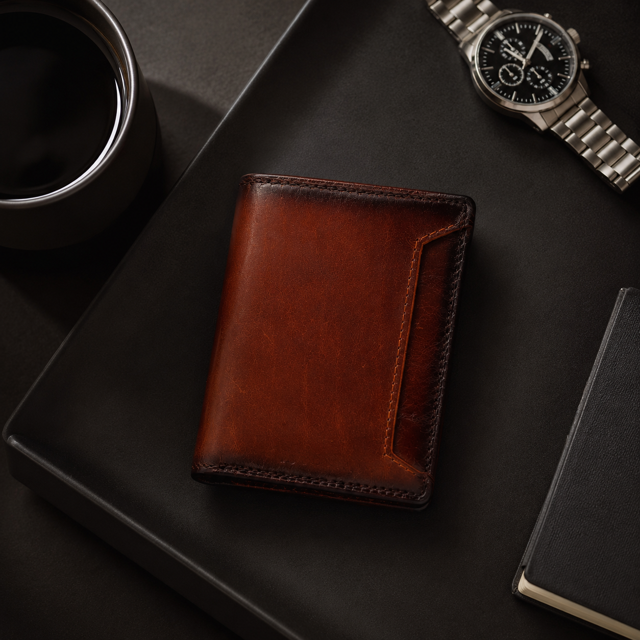 Brown leather wallet lifestyle flat lay with minimal masculine accessories