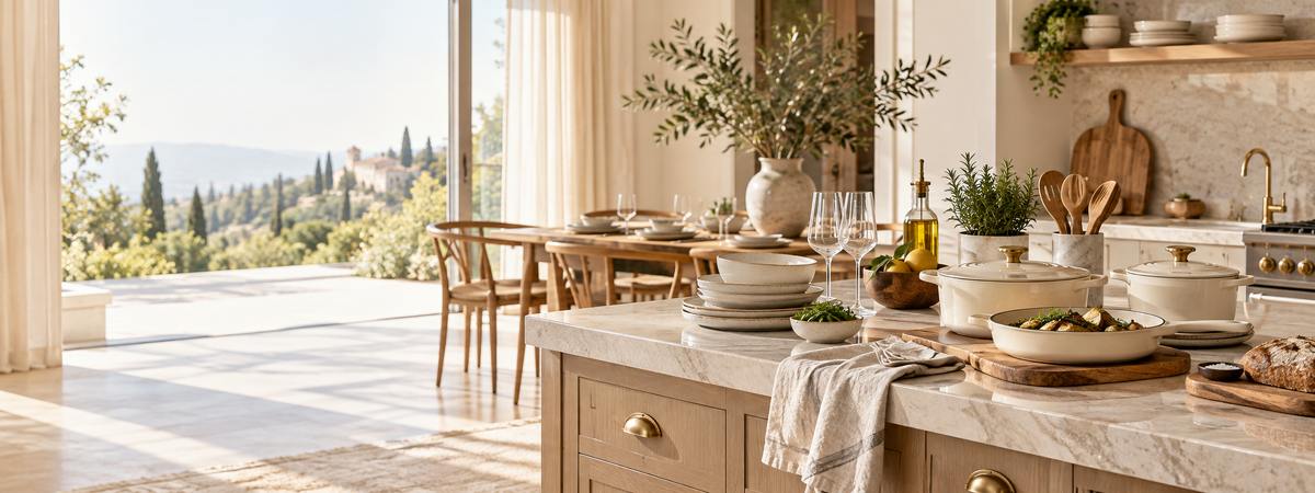 Elegante Küche mit Kochgeschirr, Geschirr und Wohnaccessoires