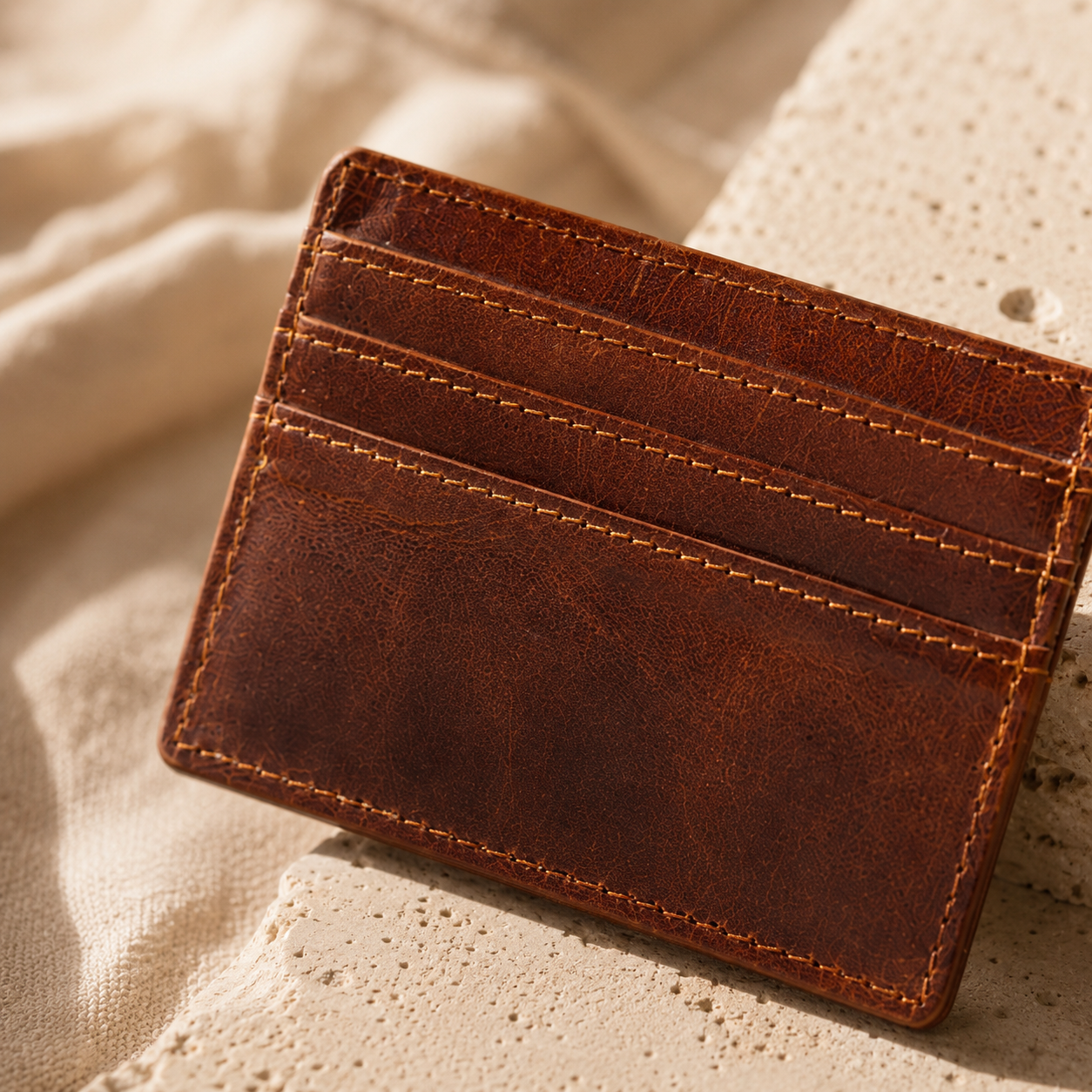 Close up brown leather removable card holder with stitching and premium grain