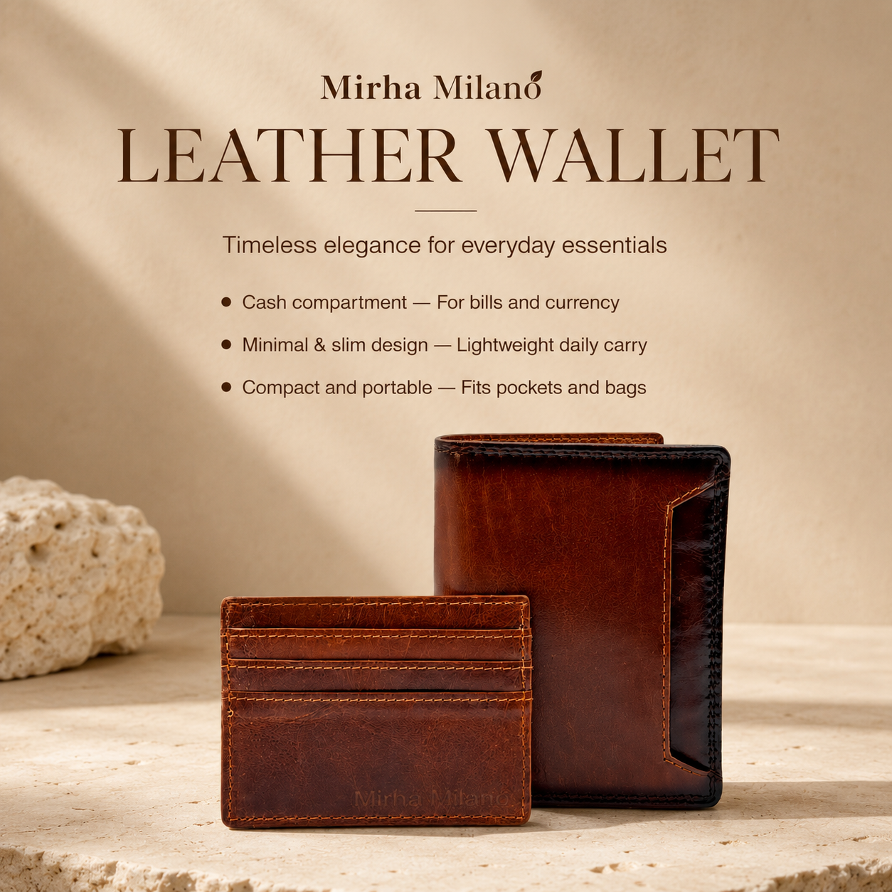 Leather wallet feature graphic with card holder ID window coin pocket and engraving option