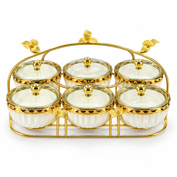 Servierschalen-Set mit 6 Schalen und Deckeln in Weiß und Gold auf dekorativem goldfarbenem Ständer - alternate view