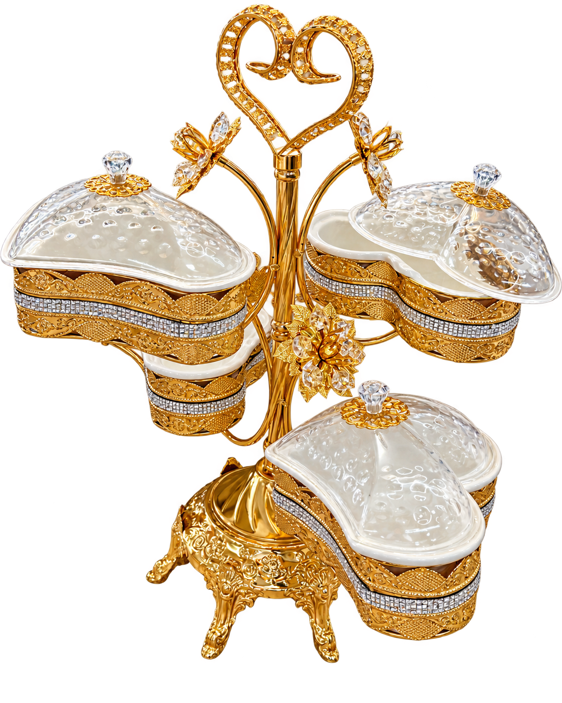 Servierschalen Set Herzform in Gold mit dekorativem Ständer und Deckeln – freigestellt