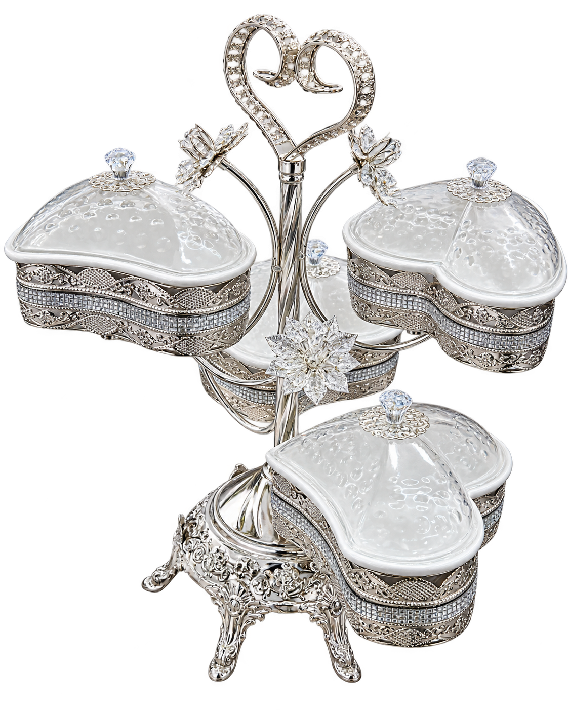 Servierschalen Set Herzform in Silber mit dekorativem Ständer – freigestellt