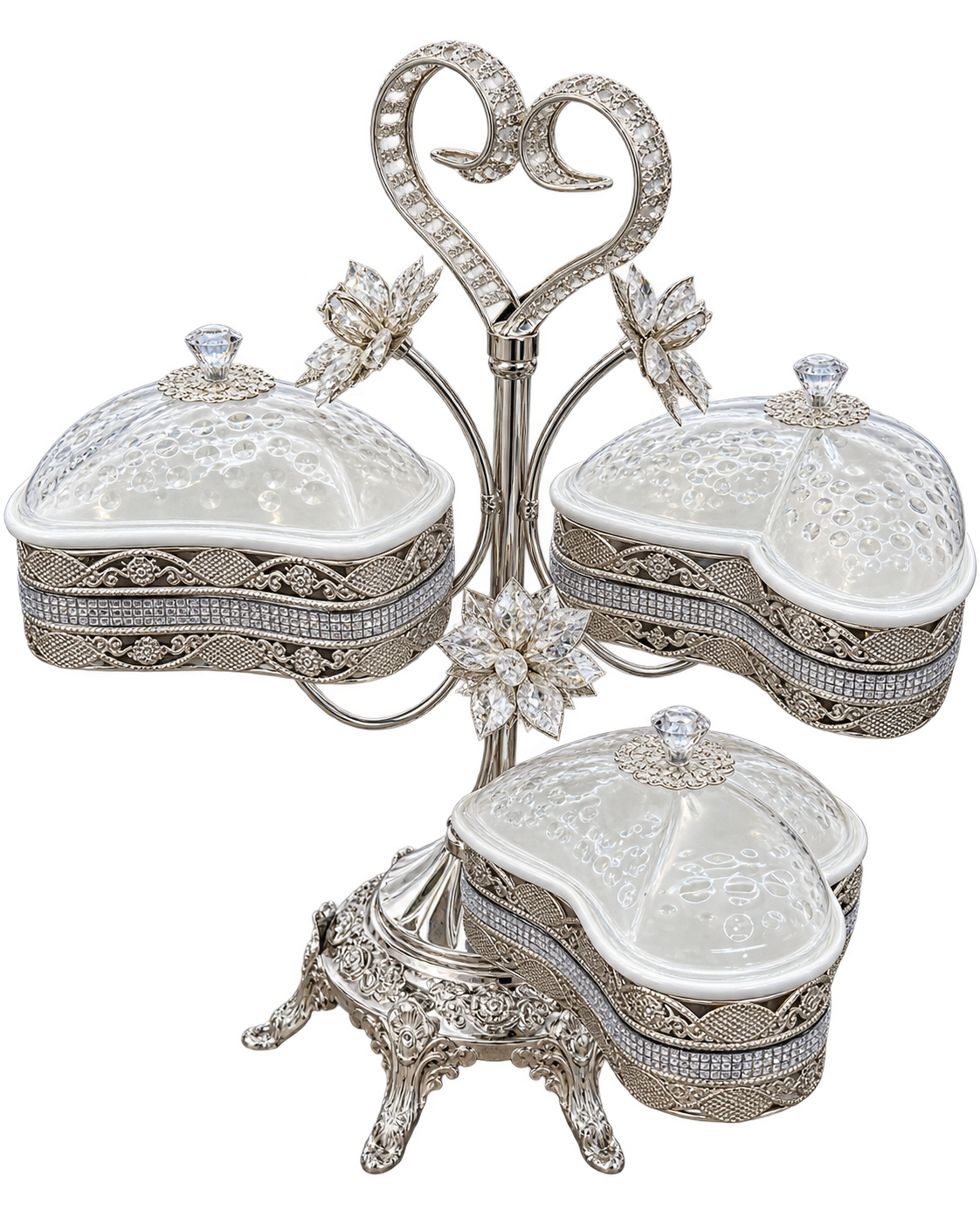 Servierschalen Set Herzform Silber mit geöffnetem Deckel und Ständer – freigestellt