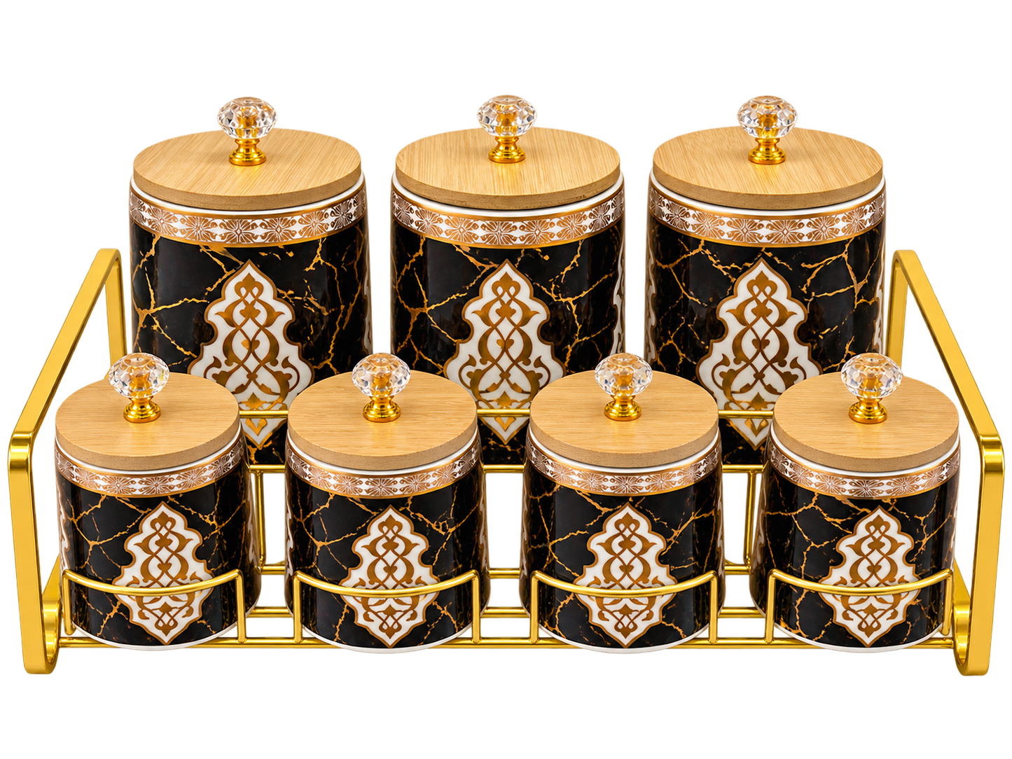 Vorratsdosen Set 7-teilig Schwarz Gold mit goldfarbenem Ständer – freigestellt