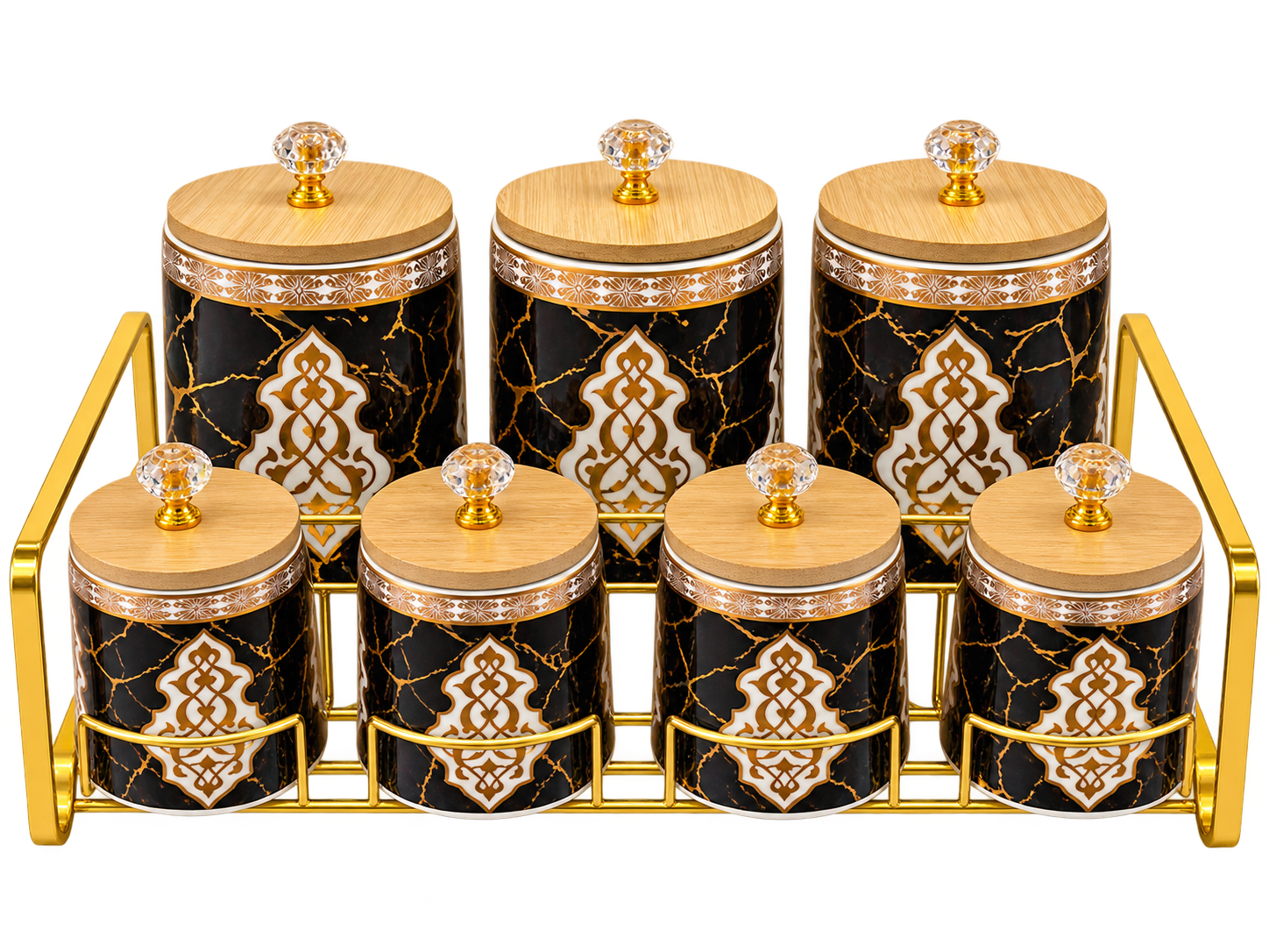 Vorratsdosen Set 7-teilig Schwarz Gold mit goldfarbenem Ständer – freigestellt
