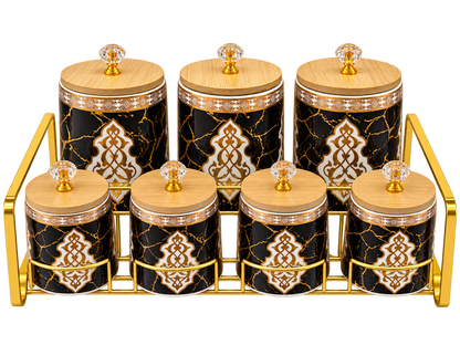 Vorratsdosen Set 7-teilig Schwarz Gold mit goldfarbenem Ständer – freigestellt