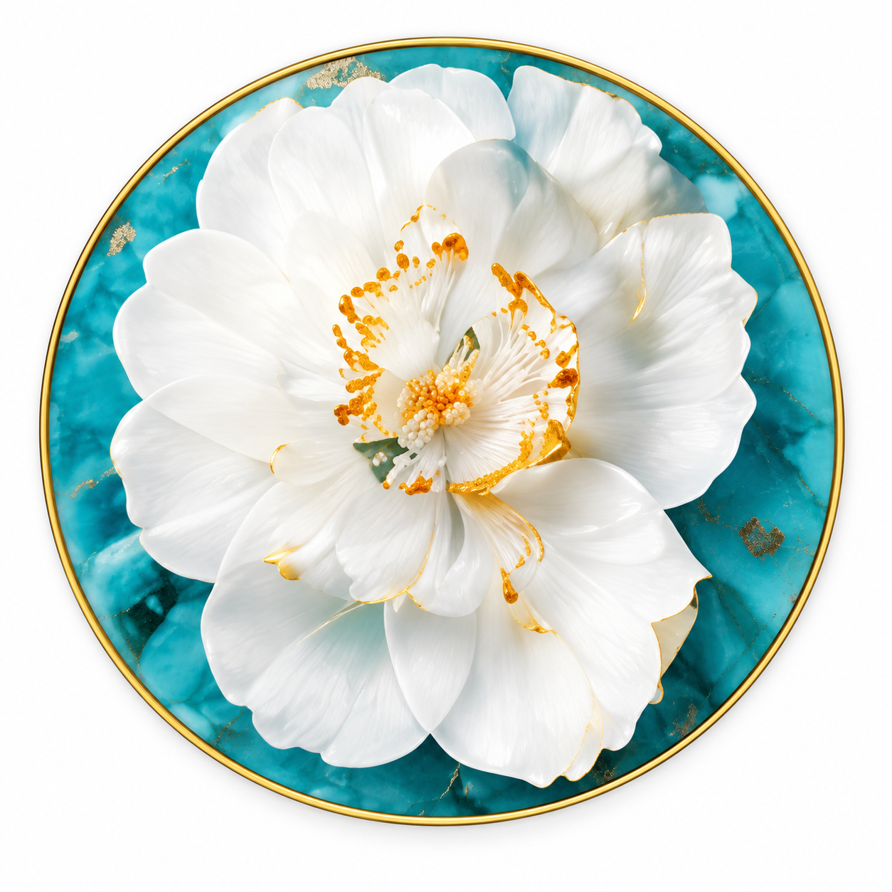 Runde Wanddekoration 56 cm – Blüte Weiß Türkis